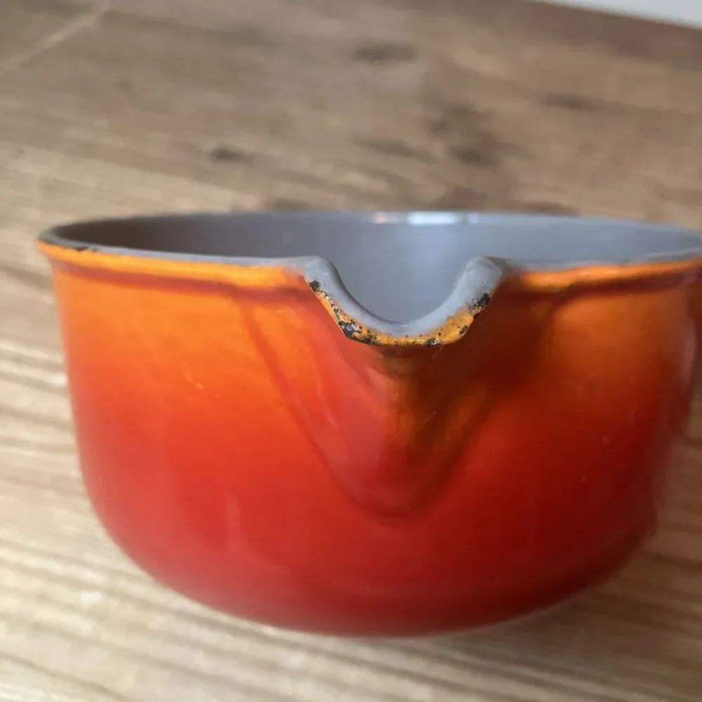 Vintage Le Creuset #14 Flame Orange Enameled Cast Iron Wood Handle Saucepan